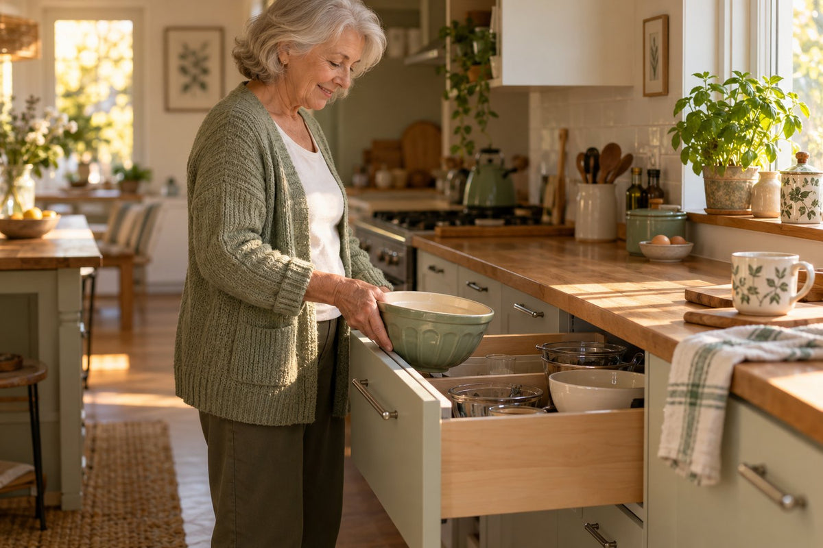 An older woman puts a bowl into a low pull-out drawer in her bright kitchen