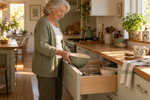 An older woman puts a bowl into a low pull-out drawer in her bright kitchen