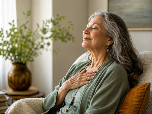 An older woman with long gray hair rests in an armchair, eyes closed, one hand on her chest