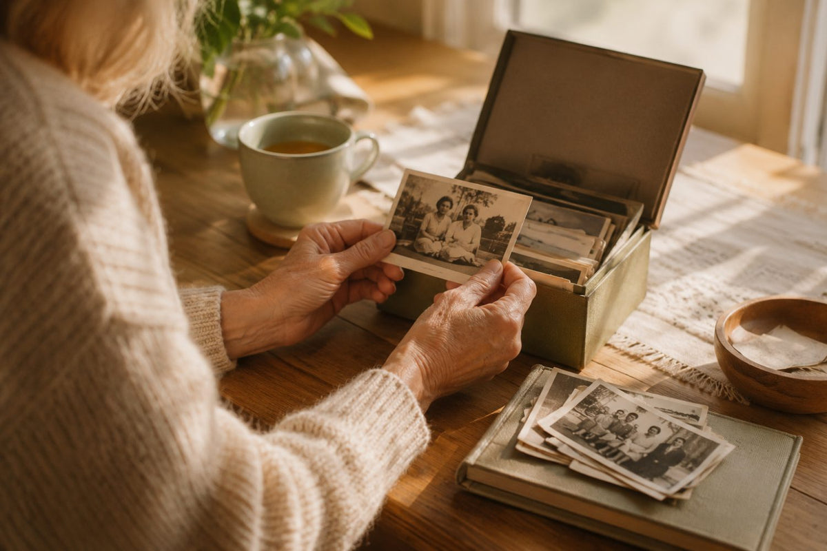 An older woman's hands lift an old family photo from a keepsake box on a sunlit wooden table