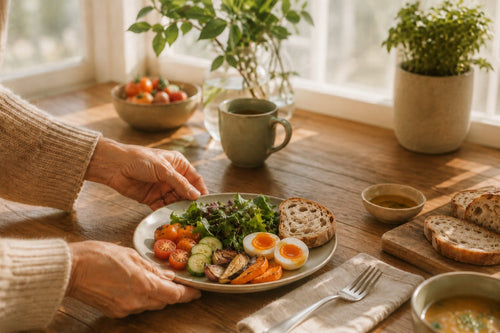 An older person's hands hold a plate of salad, eggs, tomatoes and bread on a sunny kitchen table