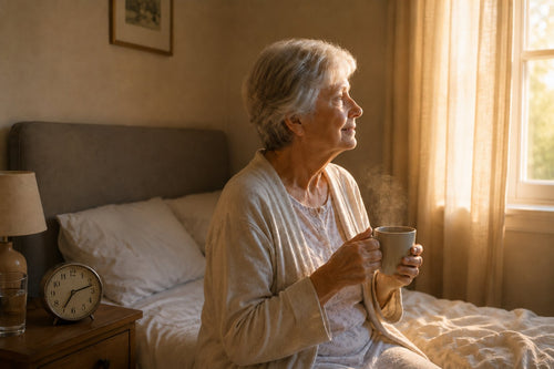 An older woman sits on the edge of her bed with a warm drink, looking out at the morning light